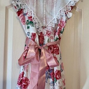 Vintage 90s Floral Easter Dress with Pink Ribbon Bobbie Jeans Brand girls SZ 4